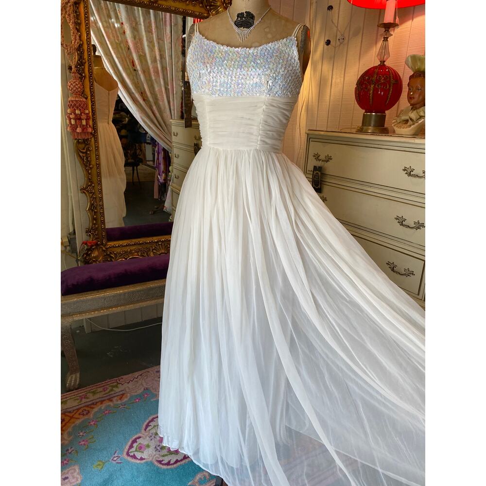vintage 1960s white sequin and chiffon gown xs iridescent prom wedding formal 60